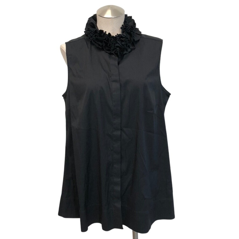 Chico's Black Label Blouse Womens Large Black Sleeveless‎ Ruffle Neck Cotton Top